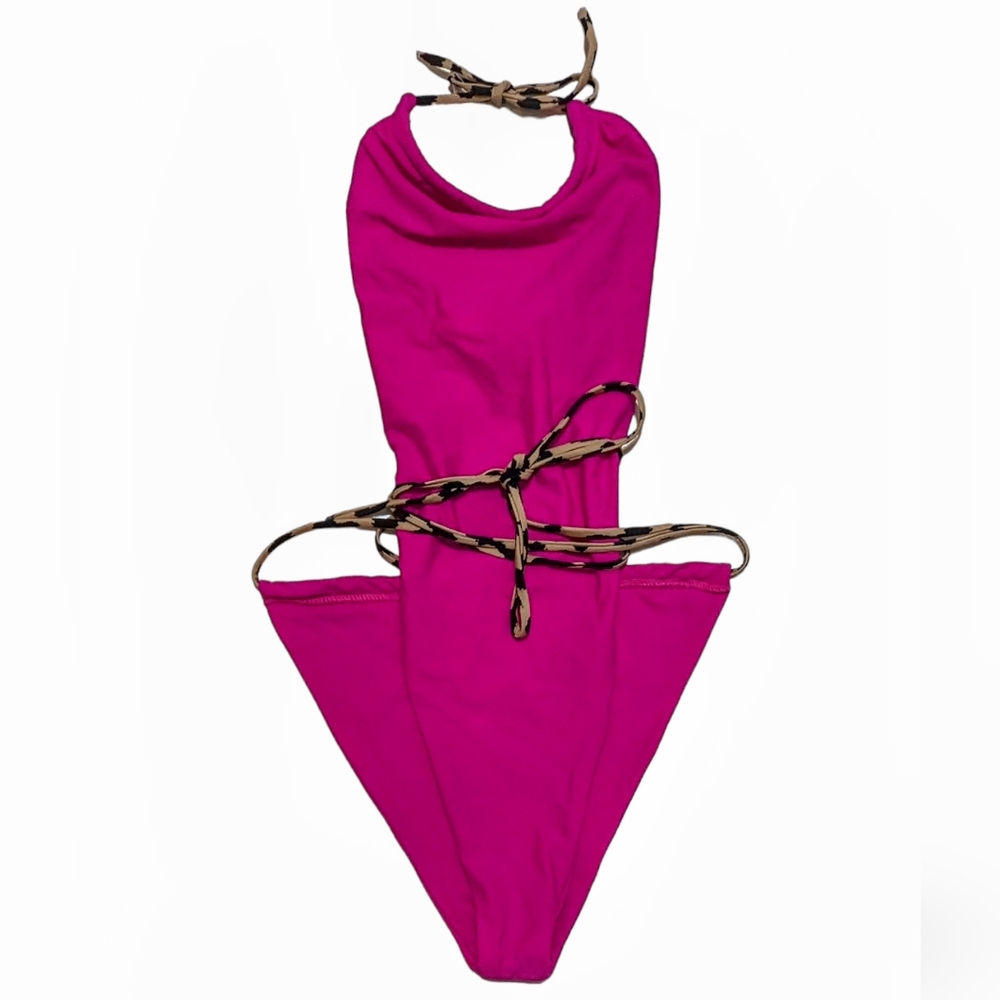 Women's Medium Hot Pink Cheeky Cheetah Straps & Lined Halter One Piece Bikini